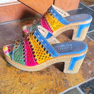 Spring Step Blue and Yellow Mules with Chunky Heel